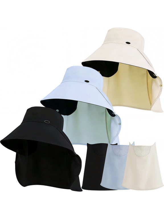 3Pcs Sun Hats for Women Men, UV Sun Protection Wide Brim Fishing Hat with Detachable Face Cover&Neck Flap for Hiking Garden (Grey + Black + Beige)