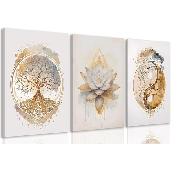 3Pcs Sun Moon And Star Celestial Canvas Wall Art Vintage Tarot Astrology Wall Decor Sun Flower and Full Moon Lotus Rainbow Poster Prints Picture for Bthroom Bedroom Living Room