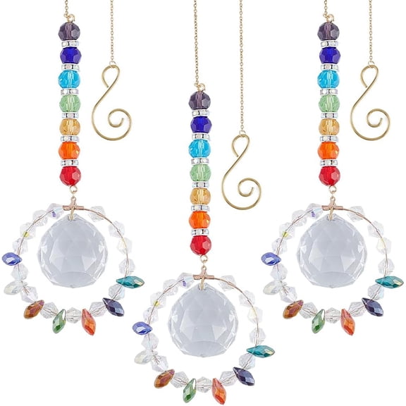 3Pcs Sunflower Copper Wire Glass Hanging Suncatchers with Iron S-Hook Clasp Mixed Color 185mm