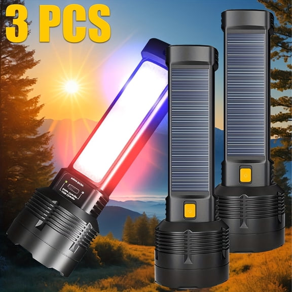 3Pcs Super Bright Solar LED Flashlight, USB Rechargeable COB Work Light, 3 Modes, with Survival Whistle, Handheld Torch for Camping, Hiking Outdoor Emergencies