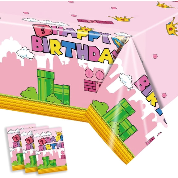 3Pcs Super Brothers Adventure Party Tablecloths 108 x 54 inches Video Game Theme Plastic Table Cloth Fits for Princess Peach Girl Birthday Party Decoration Pink Disposable Tablecover Supplie
