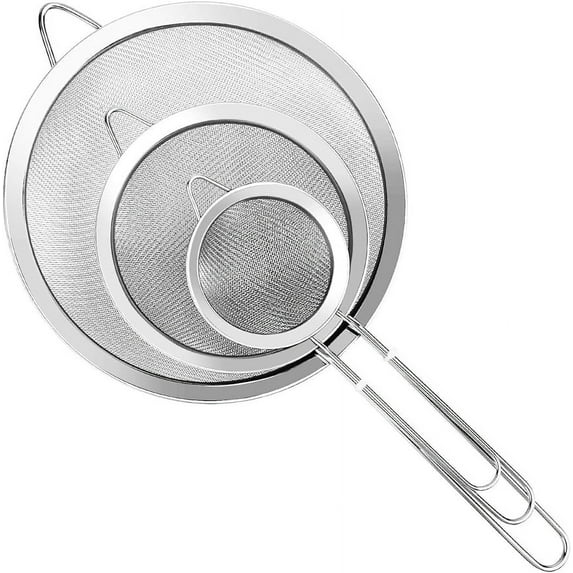 3Pcs Super Wire Extra Fine Mesh Strainer with Handle, Small Medium Large Size Sifter Metal, Stainless Steel Sieve Strainers for Kitchen Rice Juice Quinoa Food Flour Baking