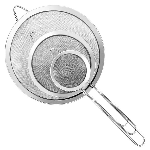 3Pcs Super Wire Extra Fine Mesh Strainer with Handle, Small Medium Large Size Sifter Metal Strainer Set, Stainless Steel Sieve Fine Mesh Strainers for Kitchen Rice Juice Quinoa Food Flour Baking