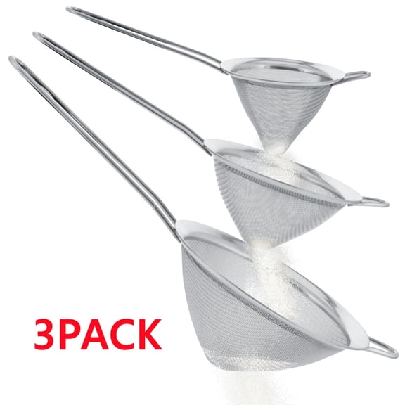3Pcs Super Wire Extra Fine Mesh Strainer with Handle, Small Medium Large Size Sifter Metal Strainer Set, Stainless Steel Sieve Fine Mesh Strainers for Kitchen Rice Juice Quinoa Food Flour Baking