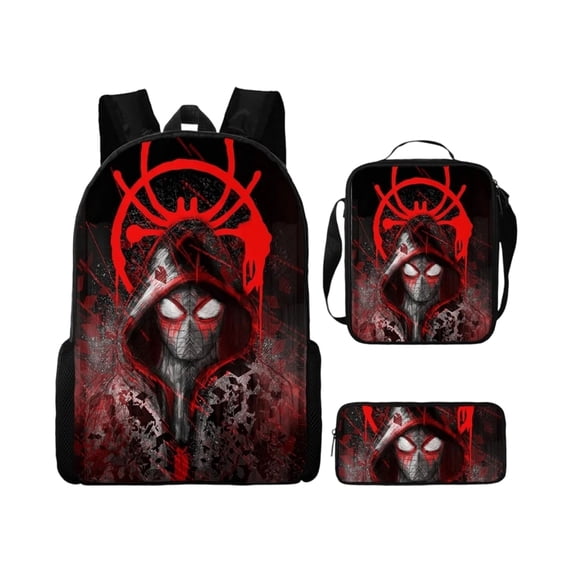3Pcs Teen Comic Web Travel Daypack Combo with Insulated Lunch Bag and Stationary Case Large Capacity Spider Hero School Rucksack