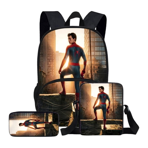 3Pcs Fashionable Superhero Style Backpack Kit for Teens with Spider Lunch Tote and Pencil Holder Large Capacity Lightweight Schoolbag for Travel and Classroom Use