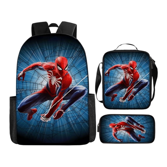 3Pcs Superhero Teen Comic Web Travel Daypack Set with Matching Lunch Tote and Accessory Case Heavy Duty School Backpack for Students Large Capacity Hero Print Rucksack