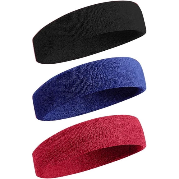 3Pcs Sweatbands Sports Headband for Men & Women - Moisture Wicking Athletic Cotton Terry Cloth Sweatband for Tennis, Basketball, Running, Gym, Working Out