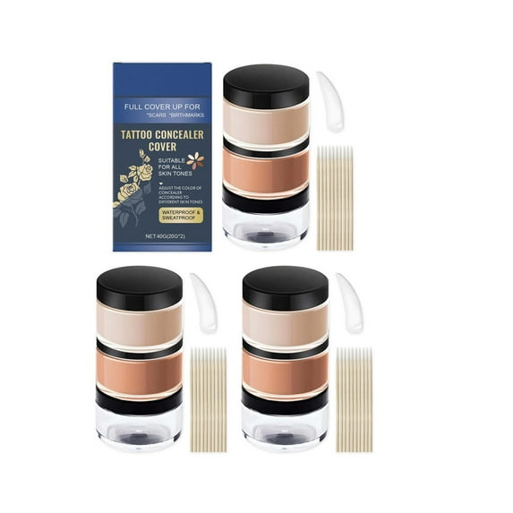 3Pcs Tattoo Cover Up Makeup Waterproof, Full Coverage Concealer, 2 Colors Adjustable Tatoo Cover Up Concealer, Long Lasting and Invisible Body Makeup Suitable for Vitiligo, Dark Spots, Scars