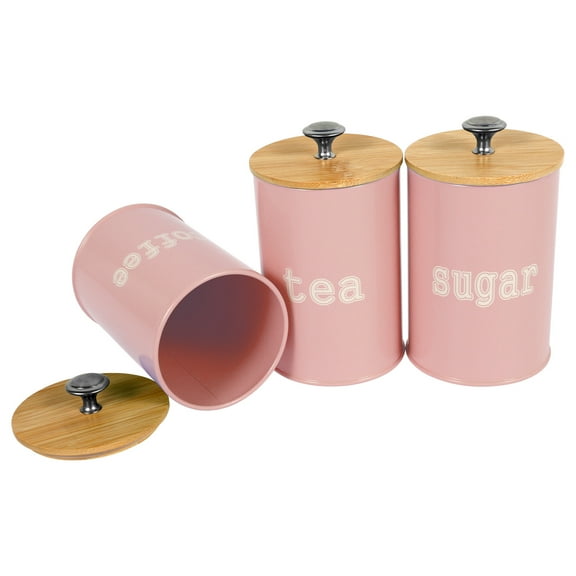 3Pcs Tea Coffee Sugar Canister Metal Kitchen Container with Airtight Bamboo Lid Countertop Round Coffee Storage Jar for Beans Flour Spice