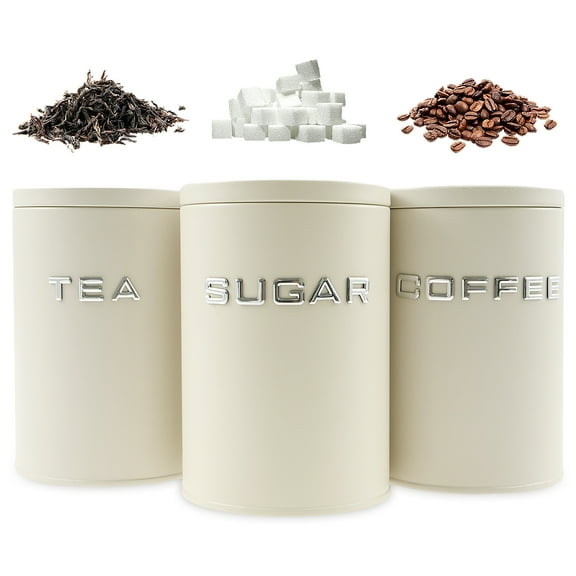 3Pcs Tea Coffee Sugar Canister Metal Kitchen Container with Airtight Lid Countertop Round Coffee Storage Jar for Beans Spice Cereal