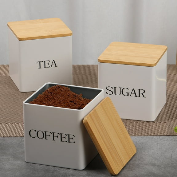 3Pcs Tea Sugar Coffee Canister Set with Bamboo Lids Large Capacity Tea Sugar Coffee Container Set Sealed Tea Sugar Coffee Jar Set Space Saving Coffee Canister Set for Coffee Sugar Tea