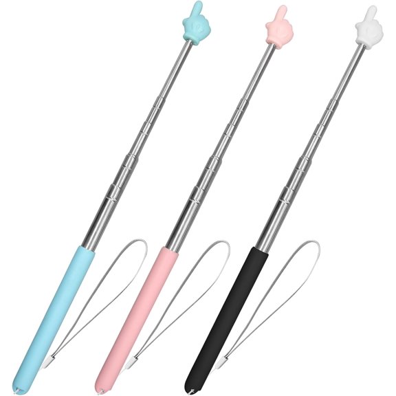 3Pcs Teacher Pointer Finger Telescopic Pointer Stick Hand Pointer with Lanyards, Extendable Pointer Teacher Pointers for Classroom Elementary School Teacher, Classroom Supplies (Black Pink Blue)