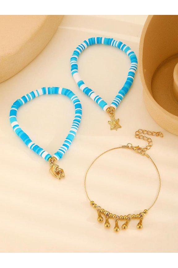 3Pcs Teardrop Dolphin Turtle Ankles Golden Boho Layered Turquoise Anklets for Women 8-1/4 inch(210mm) Colorful