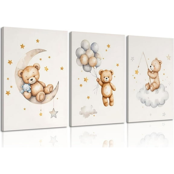 3Pcs Teddy Bear Nursery Wall Art Bear Sleeping on The Moon and Stars Wall Decor Pictures Balloon Cloud Neutral Canvas Poster Prints for Kids Baby Room Kindergarten Home Decoration 12x16in Unframed