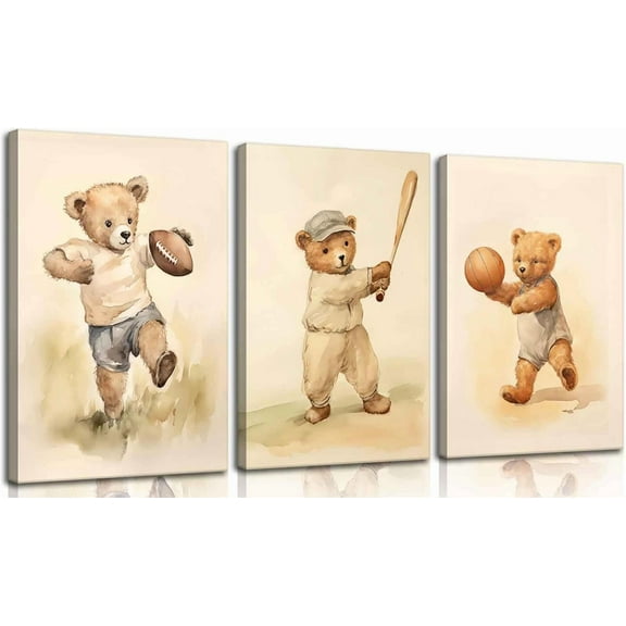 3Pcs Teddy Bear Sports Nursery Animal Canvas Wall Art Cute Woodland Baby Bear Rugby Wall Decor Pictures Football Basketball Baseball Kids Room Posters Prints for living Children Bedroom Decoration