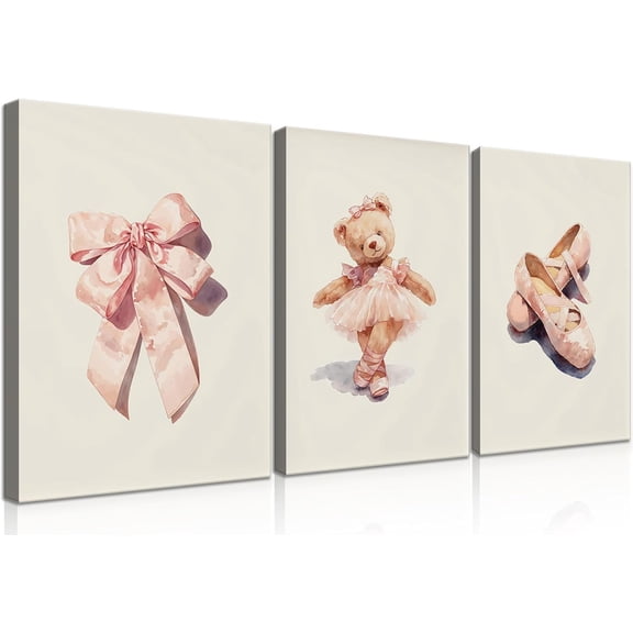 3Pcs Teddy Bear Themed Children''s Room Wall Art Cute Teddy Bear Dancing Bow Ballet Shoes Neutral Tone Canvas Poster Suitable for Children''s Rooms Nursery Rooms Kindergarten Home Decor 12x16in