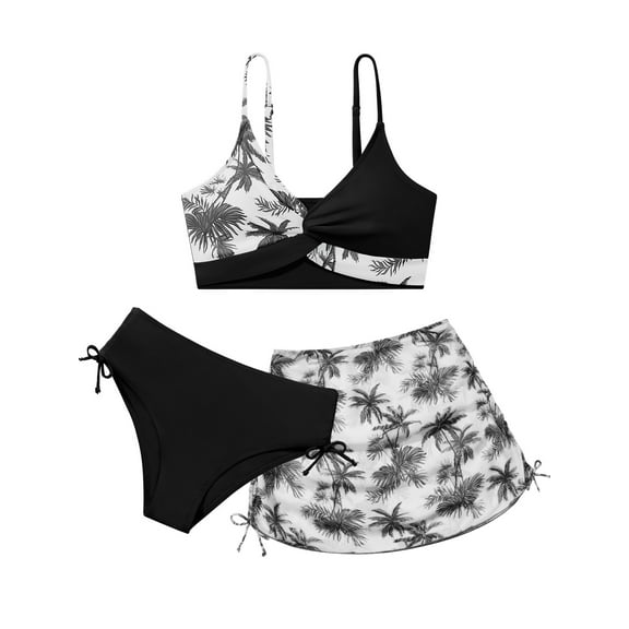 3Pcs Teens Girl Summer Adjustable Strap Bikini Swimsuit Set Tropical Floral Bathing Suit Swimwear With Coverup Skirt 9-16Y