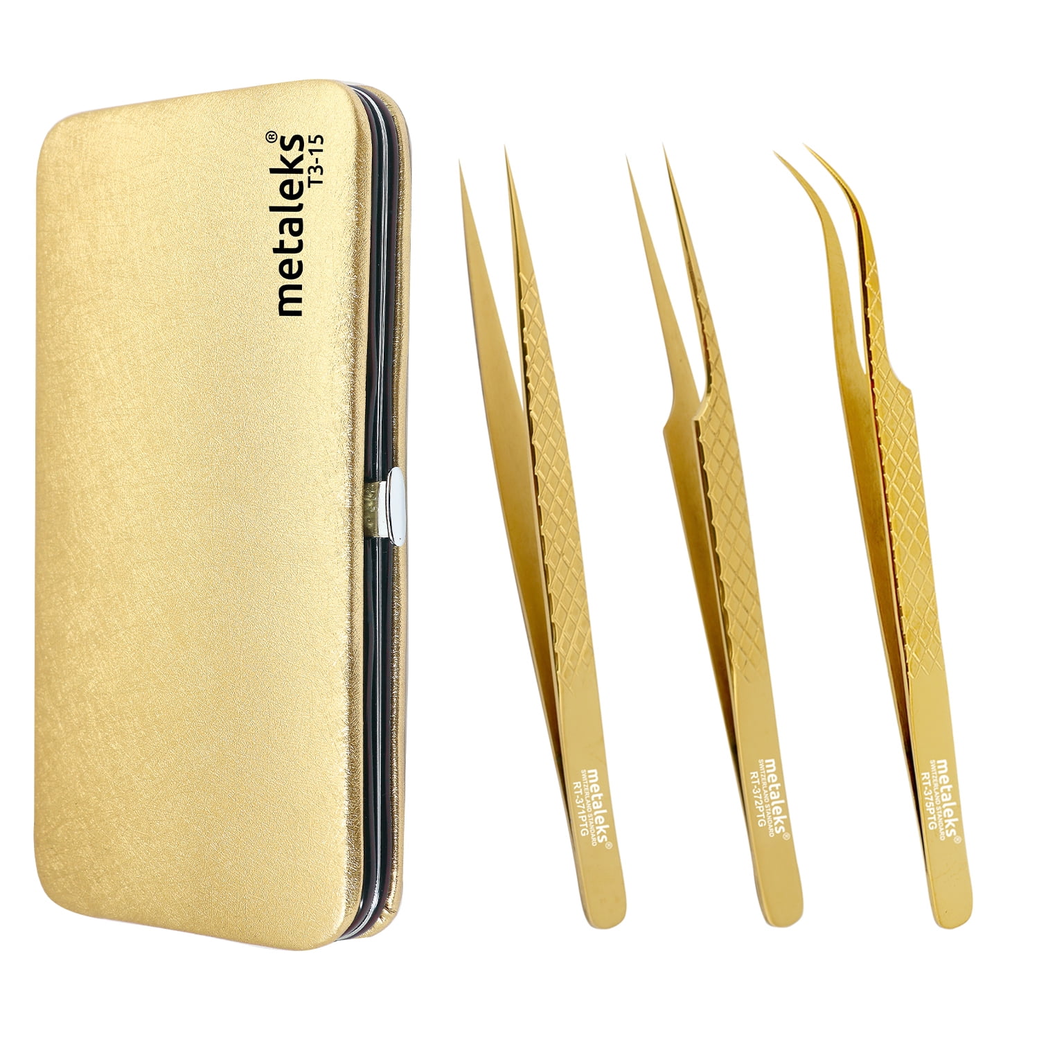3Pcs Texture Surface Grip Eyelash Extension Tweezers In Japanese Stainless Steel Golden Titanium Coated With Golden Magnetic Kit