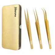 3Pcs Texture Surface Grip Eyelash Extension Tweezers In Japanese Stainless Steel Golden Titanium Coated With Golden Magnetic Kit