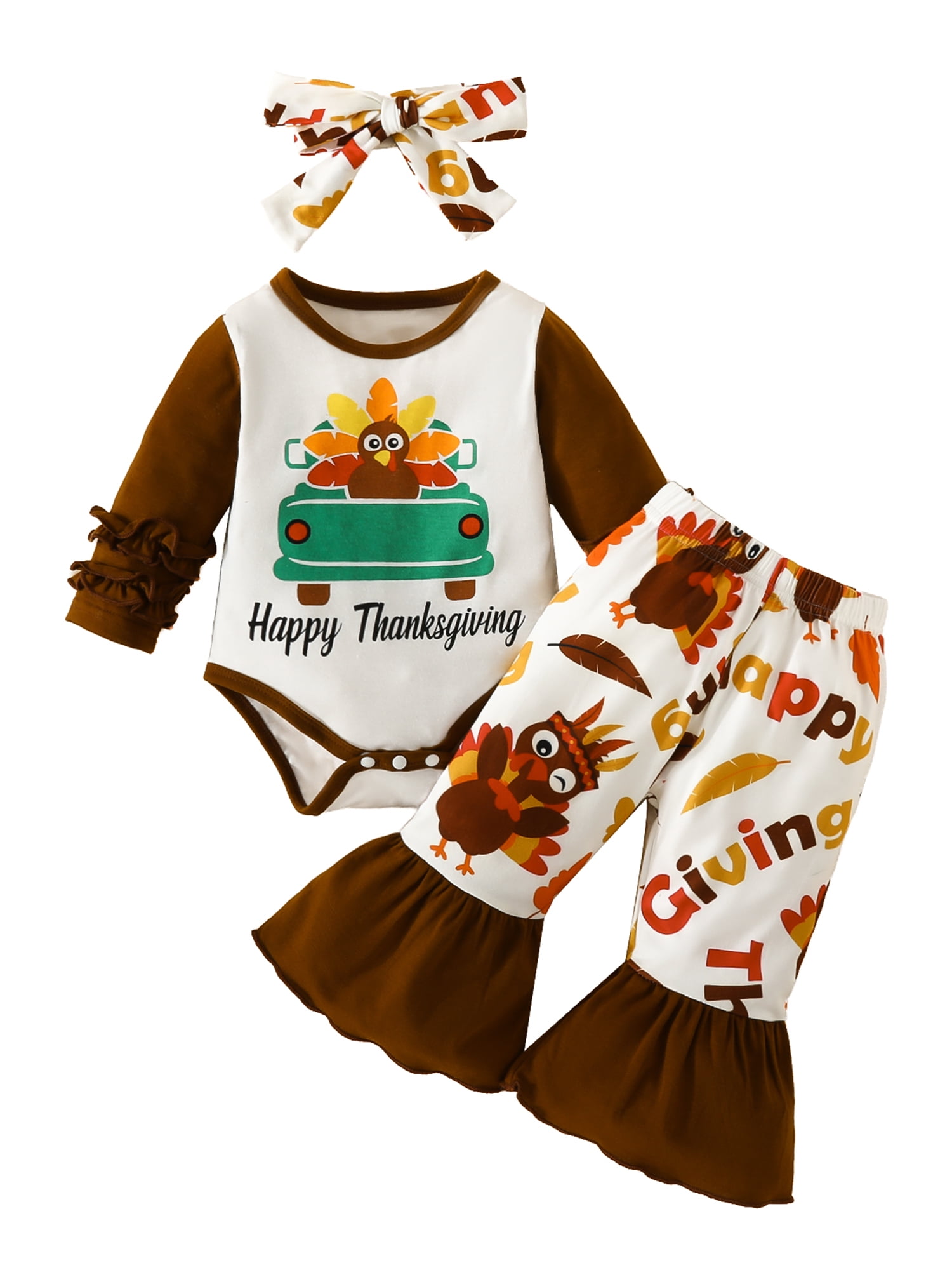 3Pcs Thanksgiving Outfits Long Sleeve Letter Car Turkey Print Romper