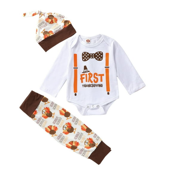 3Pcs Thanksgiving Set for Baby Boys Girls, Long sleeved Thanksgiving Bowkont Letter Printed White Top, Long Elastic Pants, Cute Hat