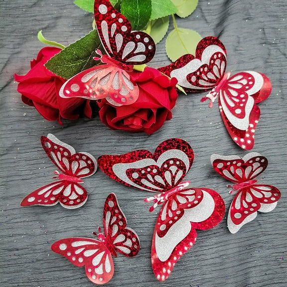 3Pcs Three Layer Hollow Red Butterflies! Cagogo Valentine's Day Decoration, 3D Wall Sticker Butterflys For Bedroom Living Room, Three Layer Hollow Red Butterflys Metal Wall Art, Colorful Butterflys