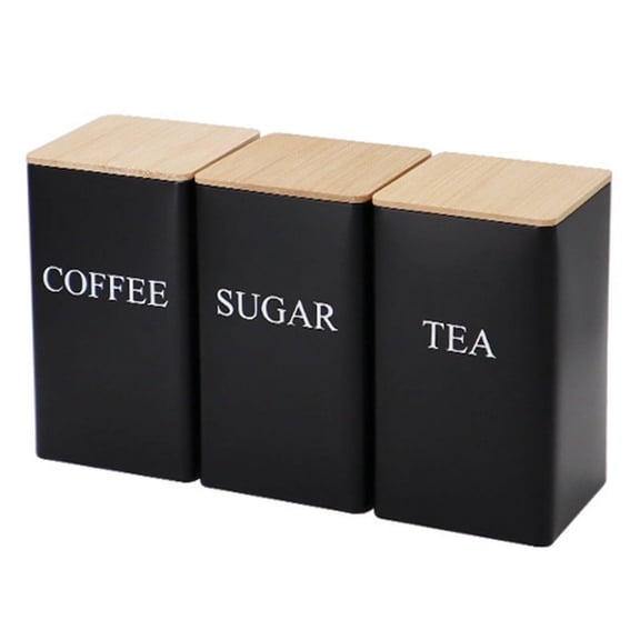 3Pcs Three-Piece Sealed Cans Simple Style Bamboo Lid Iron Tea Can Snack Storage Coffee Bean Square Can,Black