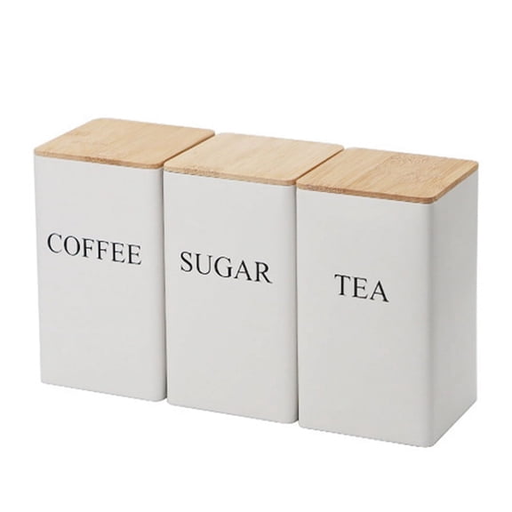 3Pcs Three-Piece Sealed Cans Simple Style Bamboo Lid Iron Tea Can Snack Storage Coffee Bean Square Can,White,3 x Cans,White