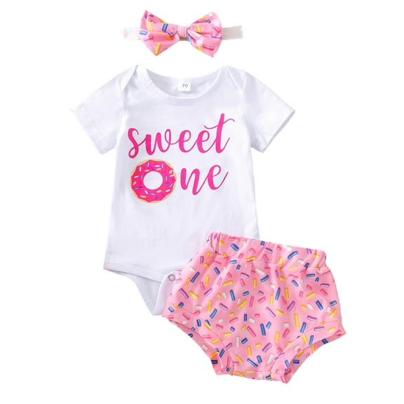 3Pcs Toddler Baby Girl 1st Birthday Outfits 9M 12M 18M  Short Sleeve Sweet One Print Shirt Donut Bell Bottom Pant Headband 1-5T