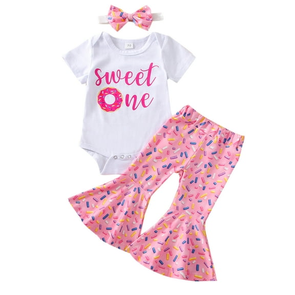 3Pcs Toddler Baby Girl 1st Birthday Outfits 9M 12M 18M Short Sleeve Sweet One Print Shirt Donut Bell Bottom Pant Headband 1-5T
