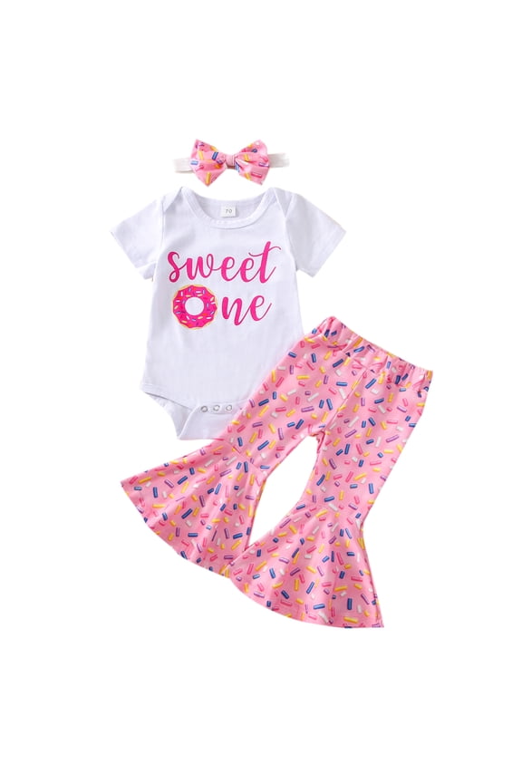 3Pcs Toddler Baby Girl 1st Birthday Outfits 9M 12M 18M Short Sleeve Sweet One Print Shirt Donut Bell Bottom Pant Headband 1-5T