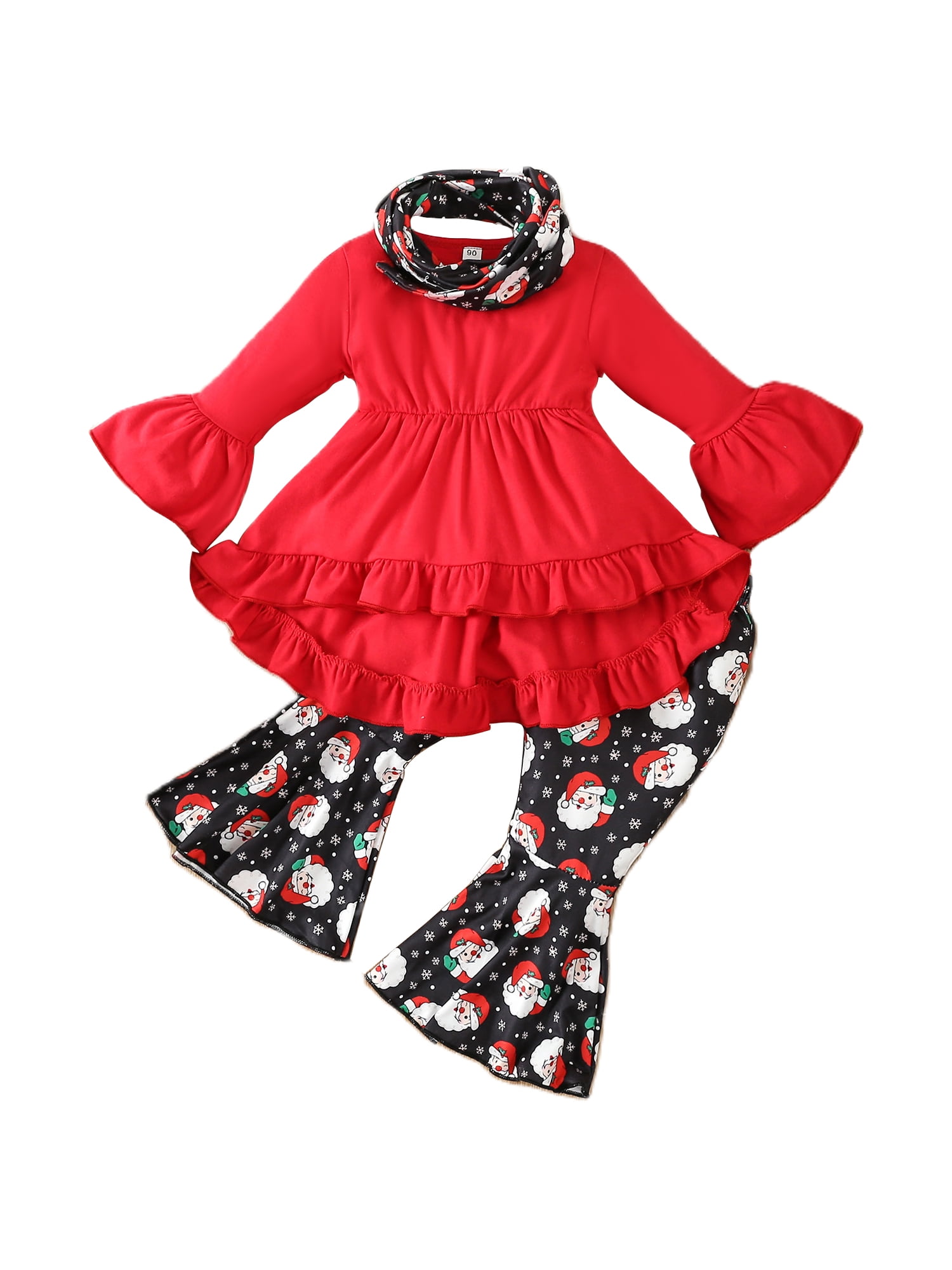 3Pcs Toddler Baby Girl Outfit Ruffle Long Sleeve Dress Tops and Flare