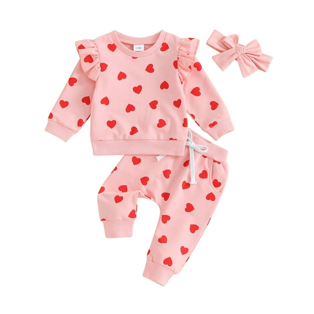 3Pcs Toddler Baby Girl Valentine's Day Clothes Heart Print Long Sleeve ...