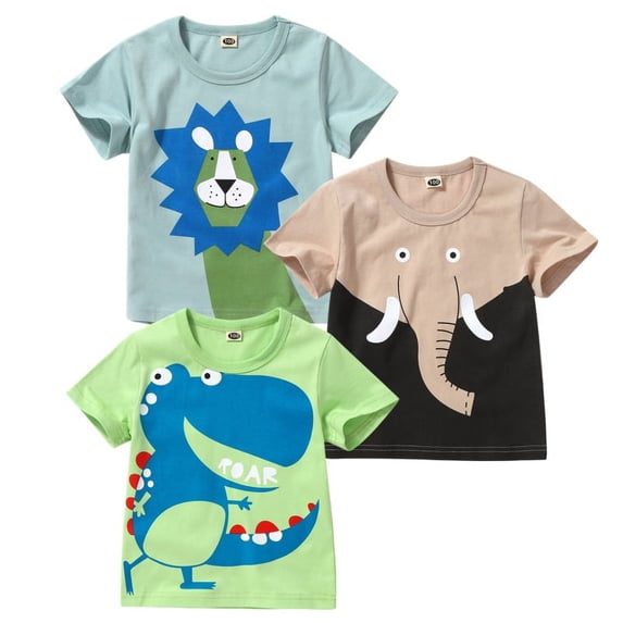 3Pcs Toddler Boys T-Shirts Kids Short Sleeve Crewneck Cartoon Animal Blouse Tops 1-6Y