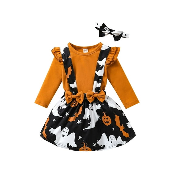3Pcs Toddler Halloween Outfits, Long Sleeves T-Shirt + Cartoon Ghost Suspenders Skirt + Headband for Girls