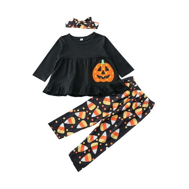 3Pcs Toddler Little Girls Halloween Outfits Clothes Kids Ruffle Tunic ...