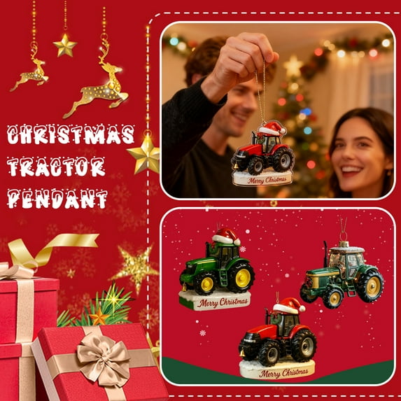 3Pcs Tractor Christmas Ornament, "Merry Christmas" Snowy Base, Vintage Acrylic 2D 3.15Inch Hanging Decoration for Christmas Tree, Farmhouse Decor, Garden, Balcony, Restaurant
