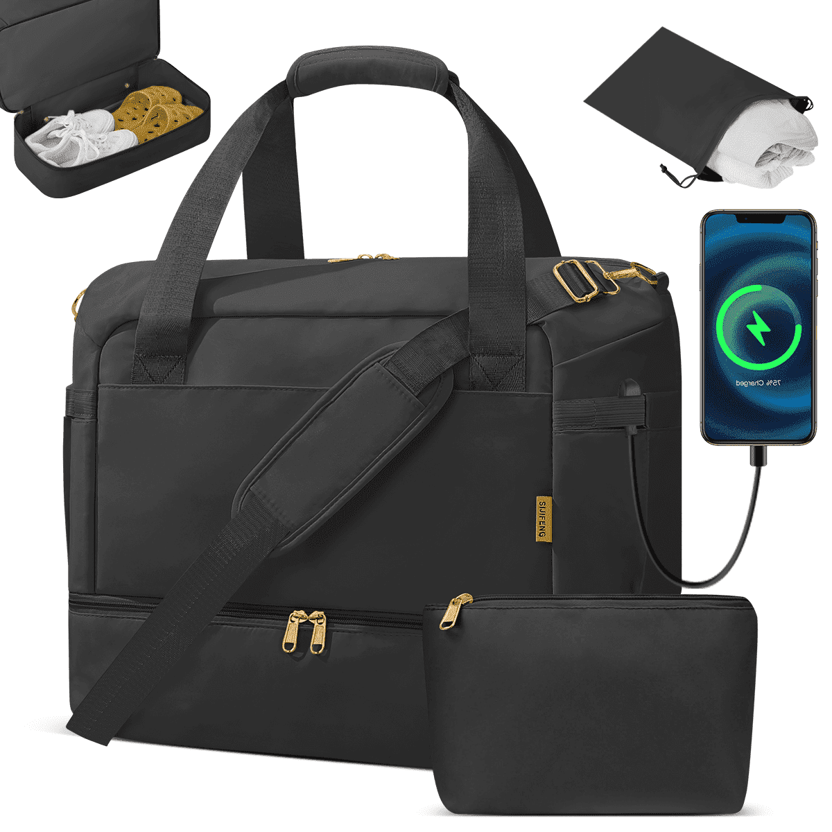 3Pcs Travel Duffel Bag, Tote Gym Bag with Shoes Compartment & Shoes Bag, Weekender Overnight for Women with Wet Pocket & USB Charging Port, Carry On Bag for Women, Travel, Gym, Weekend, Black