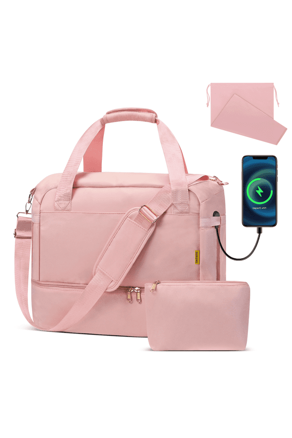 3Pcs Travel Duffle Bag, Tote Gym Bag with Shoes Compartment & Shoes Bag, Weekender Overnight for Women with Wet Pocket & USB Charging Port, Carry On Bag for Women, Travel, Gym, Weekend, Pink