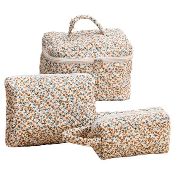3Pcs Travel Toiletry Bag Set for Women, Yellow Floral Quilted Cosmetic Pouch, Makeup Storage Organizer (Yellow)