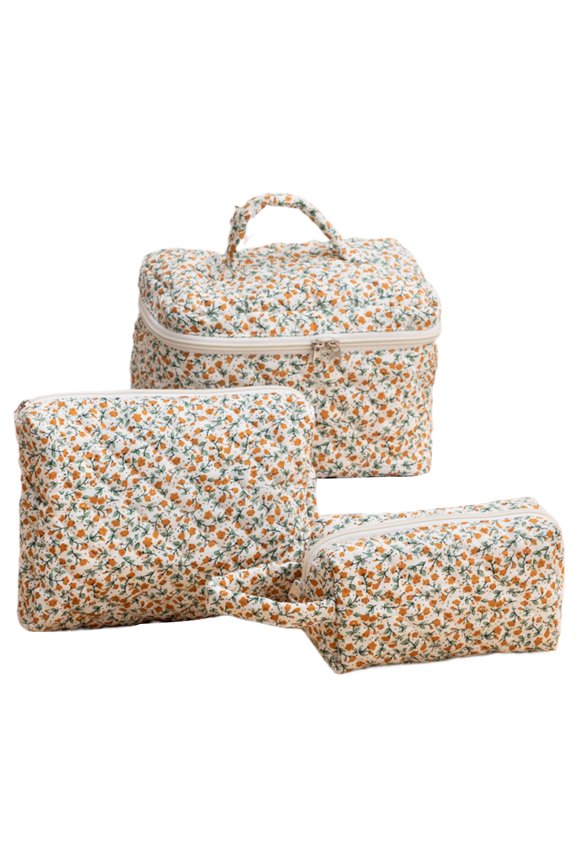 3Pcs Travel Toiletry Bag Set for Women, Yellow Floral Quilted Cosmetic Pouch, Makeup Storage Organizer (Yellow)