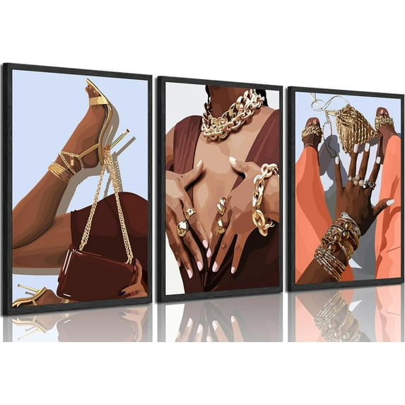 3Pcs Trendy African American Woman Canvas Wall Art Abstract Black Girl Wall Decor Painting Pictures Black People Poster Prints for Bedroom Living Room Bathroom Home Decoration 12X16