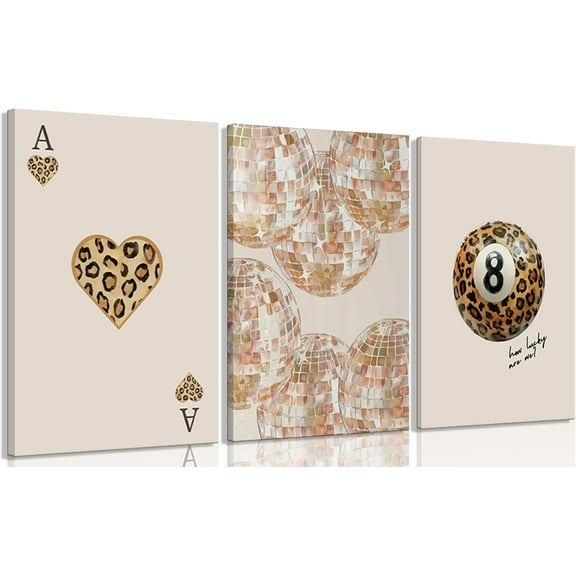 3Pcs Trendy Leopard Disco Ball Wall Art Preppy Ace Cards Poster Prints Leopard 8 Ball Wall Decor pictures Stylish Lucky Printings Artwork for Women Bedroom Living Room Bathroom Decoration