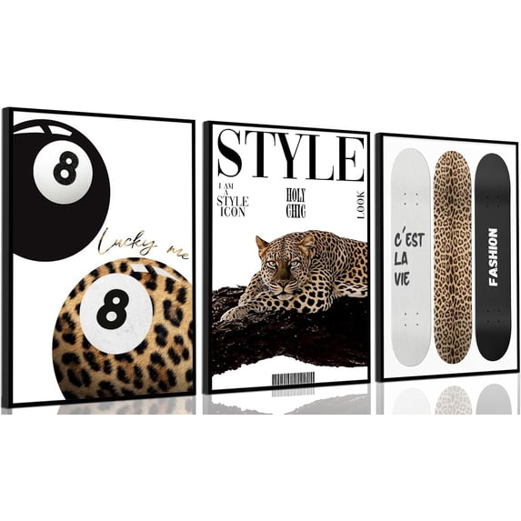 3Pcs Trendy Leopard Wall Art Preppy Aesthetic Stylish Leopard Painting Picture Wall Decor Funky Lucky 8 Ball Cheetah Poster Print Artwork for Bedroom Living Room Bathroom Home Decoration Unframed