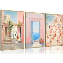 3Pcs Trendy Pink Beach Canvas Wall Art Pastel Preppy Coastal Ocean Painting Picture Wall Decor Retro Sea Beachy Scene Posters Print Artwork for Teen Girl Dorm Girls Room Aesthetic Decor 12x16in