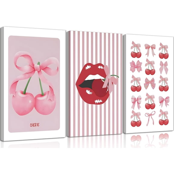 3Pcs Trendy Pink Bows Canvas Wall Art Coquette Cherry Painting Picture Wall Decor Aesthetic Preppy Red Lips Girly Poster Print Artwork for Preppy Room Dorm Living Room Bedroom Home Decoration