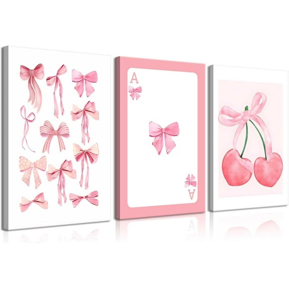 3Pcs Trendy Pink Bows Canvas Wall Art Preppy Watercolor Bows Wall Decor Pictures Girly Coquette Room Decor Aesthetic Posters Prints for College Apartment Bedroom Decoration 12x16in