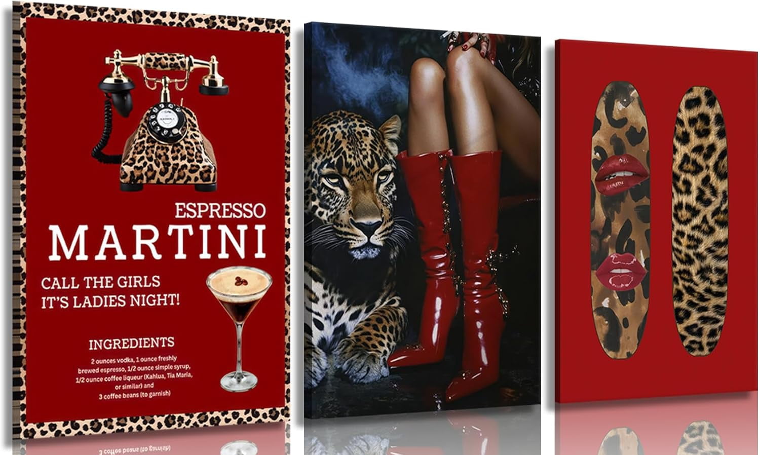 3Pcs Trendy Red Leopard Canvas Wall Art Vintage Trendy Boots Wall Decor Painting Coquette Sexy red lips Aesthetic Cheetah Pictures for Girls Bedroom Apartment Dorm Home Artwork Decorations 12x16in