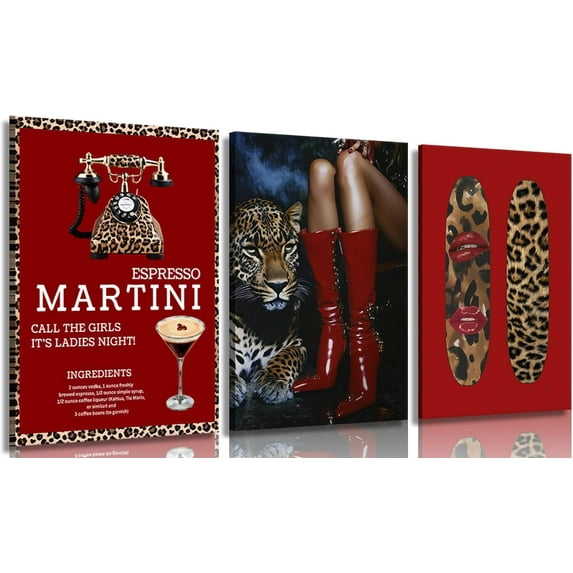 3Pcs Trendy Red Leopard Canvas Wall Art Vintage Trendy Boots Wall Decor Painting Coquette Sexy red lips Aesthetic Cheetah Pictures for Girls Bedroom Apartment Dorm Home Artwork Decorations 12x16in